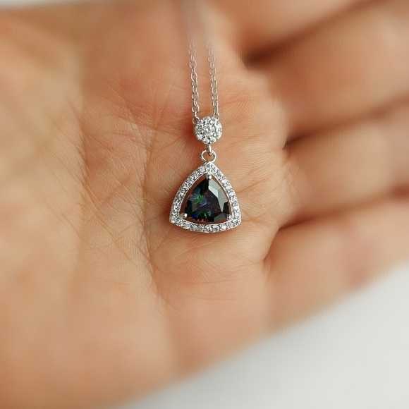 Mystic Topaz CZ Halo Pendant Necklace Sterling Silver - Picture 6 of 7